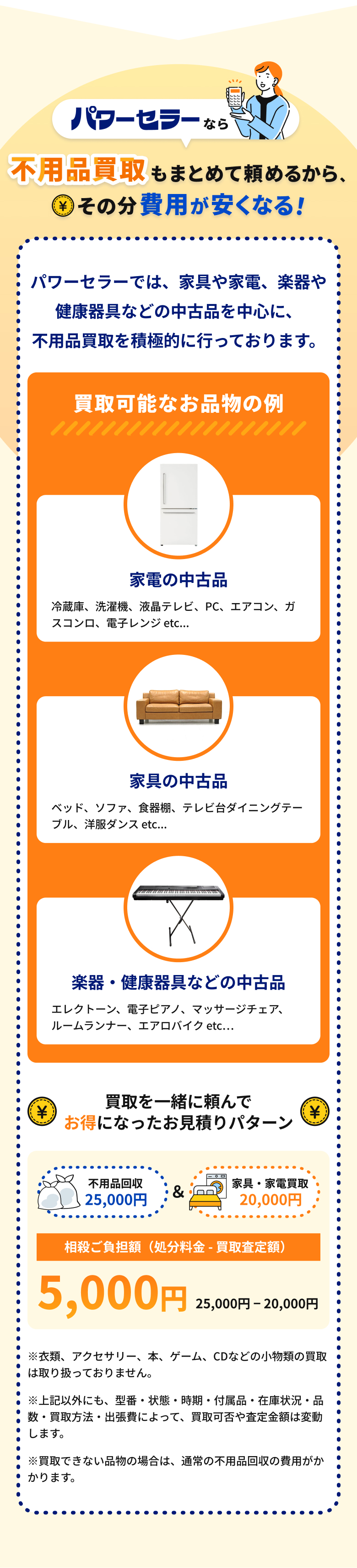 パワーセラーなら不用品買取もまとめて頼めるから、その分費用が安くなる！