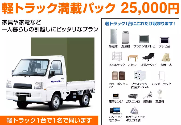 軽トラック満載パック 25,000円 家具や家電など一人暮らしの引越しにピッタリなプラン 軽トラック1台1名で伺います 