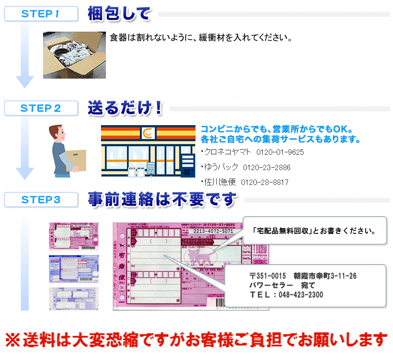 STEP1 梱包して 食器は割れないように、緩衝材を入れてください。STEP2 送るだけ! コンビニからでも、営業所からでもOK。各社ご自宅への集荷サービスもあります。・クロネコヤマト 0120-01-9625・ゆうパック0120-23-2886・佐川急便 0120-28-8817 STEP3 事前連絡は不要です 「宅配品無料回収」とお書きください。〒351-0015 朝霧市幸町3-11-26 パワーセラー 宛て TEL:048-423-2300 ※送料は大変恐縮ですがお客様ご負担でお願いします
