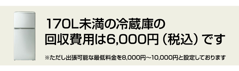 170L未満の冷蔵庫の回収費用は6,000円(税込)です ※ただし出張可能な最低料金を8,000円~10,000円と設定しております。