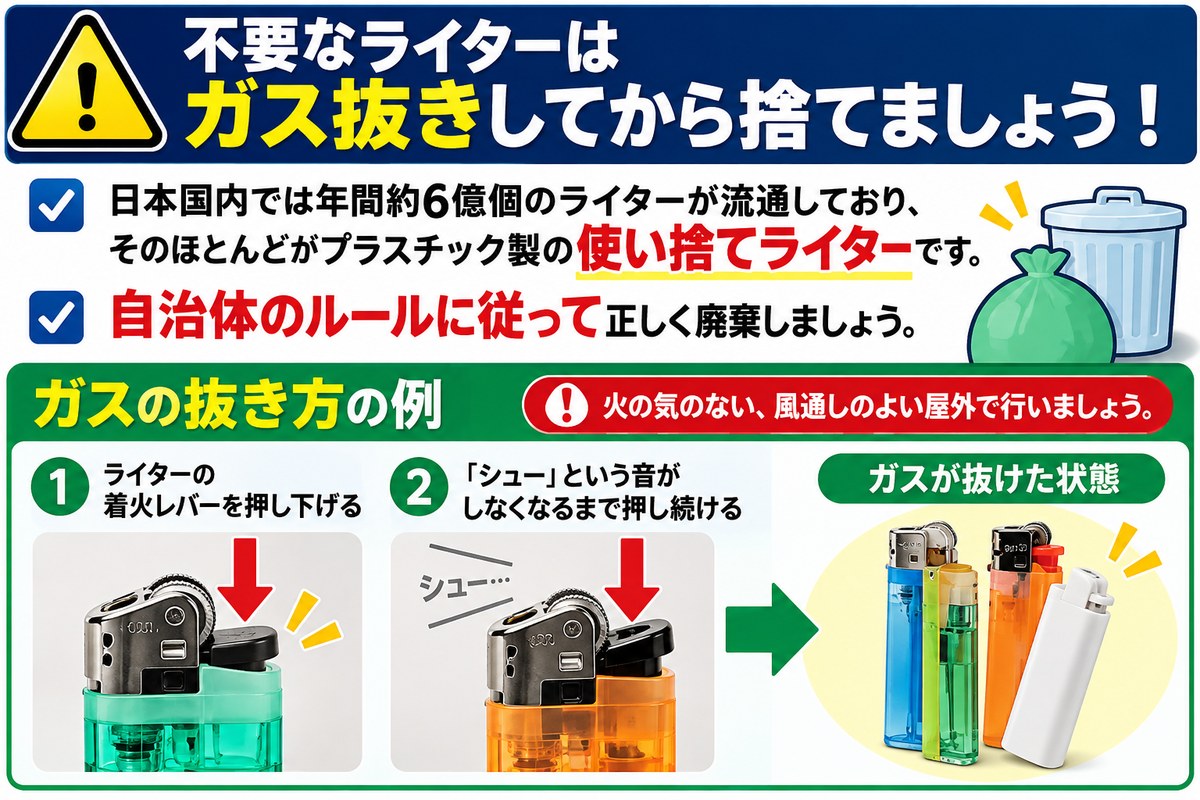 不要なライターはガス抜きしてから捨てましょう｜使い捨てライターのガス抜き手順の図解