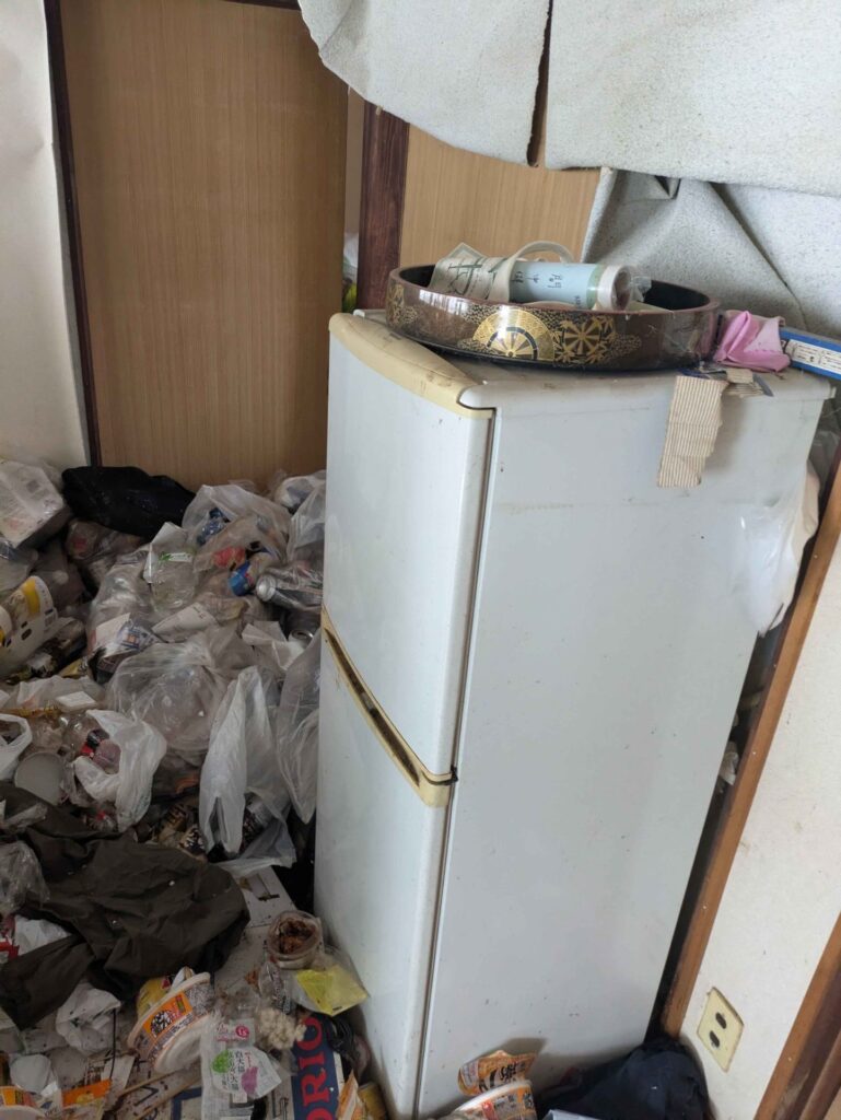 作業前の台所。冷蔵庫の前までレジ袋のごみが堆積