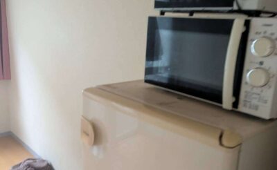 回収前の小型冷蔵庫の上に置かれた電子レンジとオーブントースター