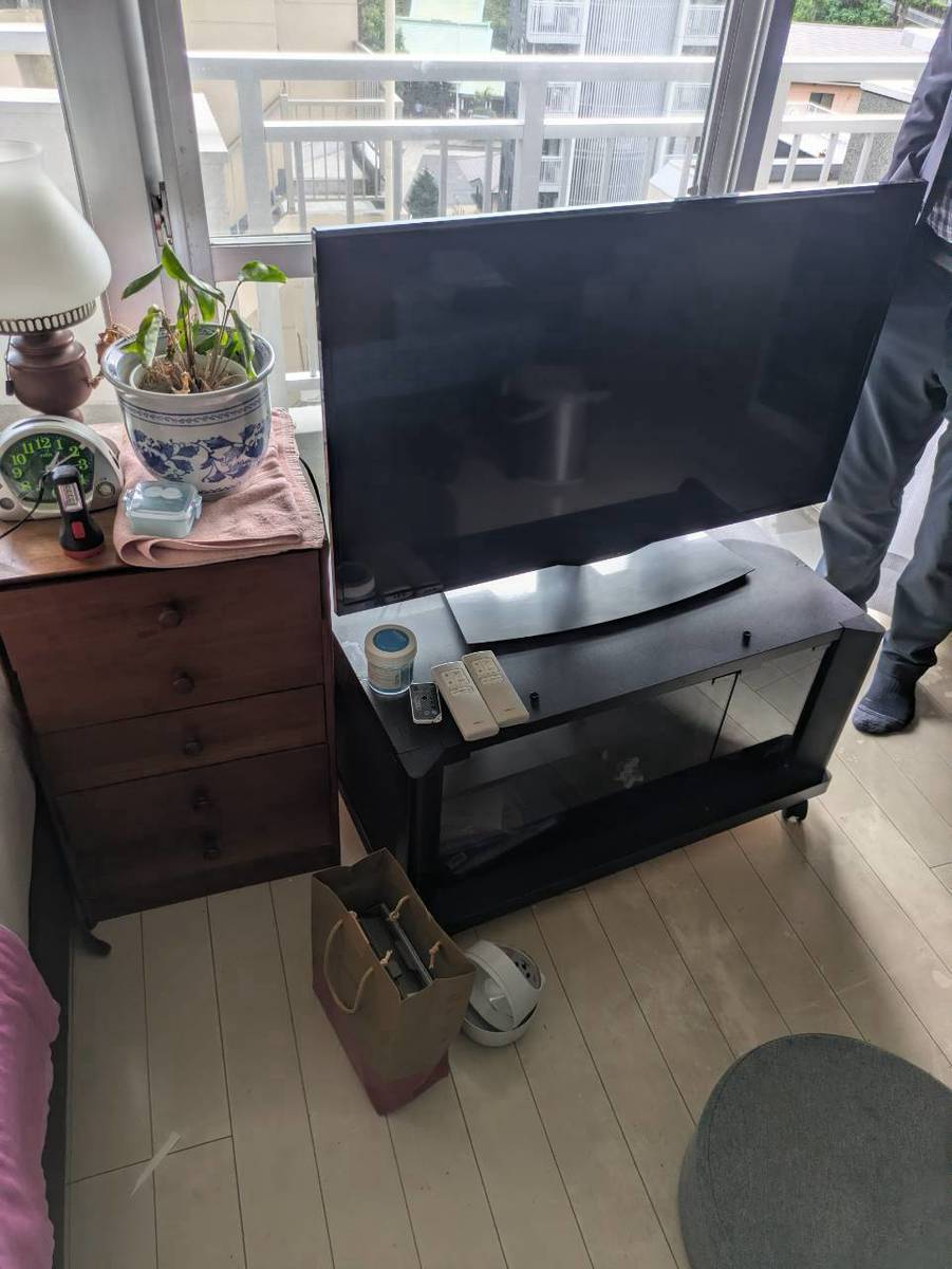 回収前の洋室。テレビ・テレビ台・チェスト・観葉植物が残された状態