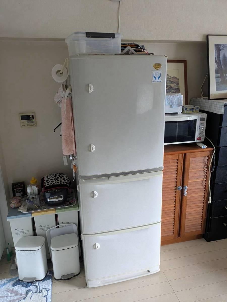 回収前のキッチン横に置かれた2ドア冷蔵庫と電子レンジ