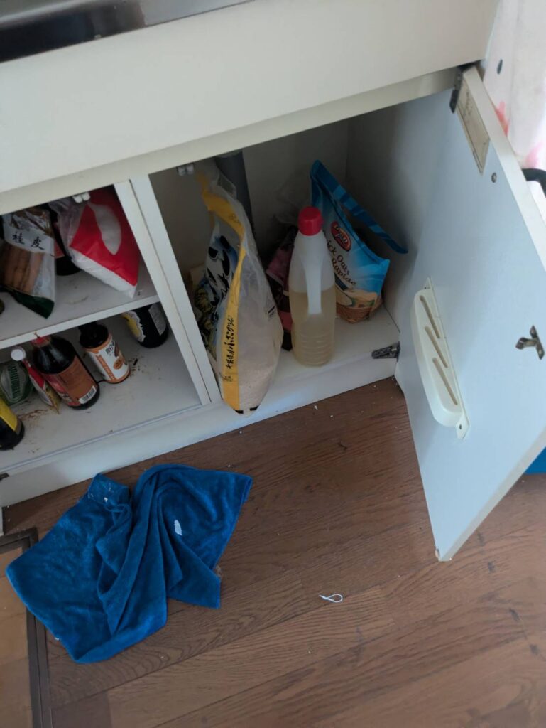 作業前：キッチン下の収納と床に残された布類